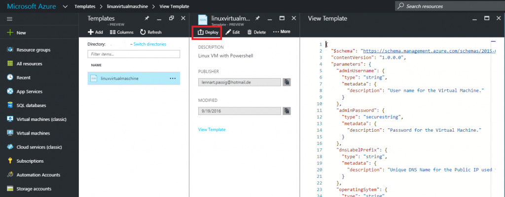 Deploy or edit template in Azure