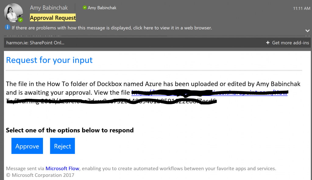 Document approval email generated via Microsoft Flow
