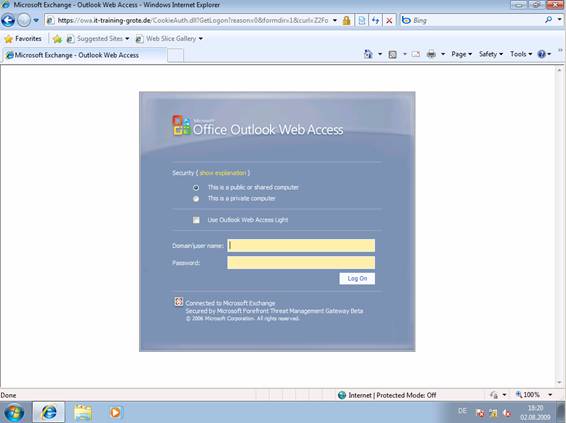 Figure 19: Successfully connected to the OWA website through the Internet