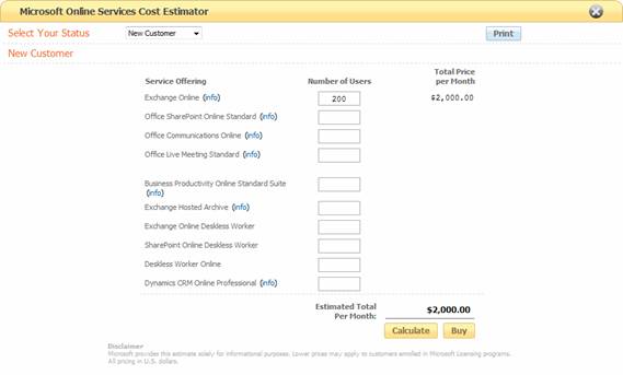 Microsoft Online Services Cost Estimator
