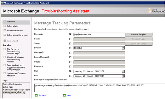 Message Tracking in Exchange 2010. Note the corresponding Powershell command