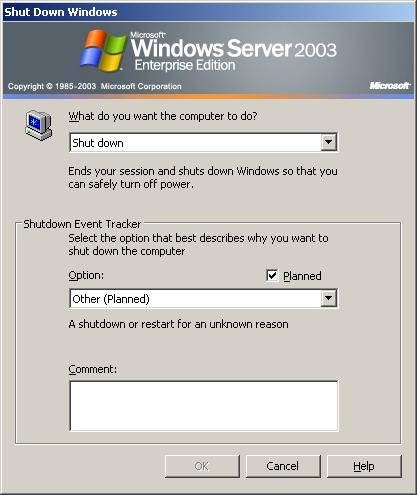 remove shutdown from start compilation windows 2003