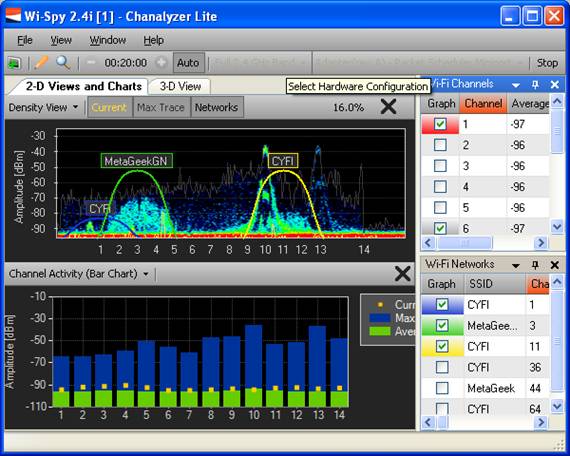 Chanalyzer Lite Bar Graphs: Select the channels and SSIDs you'd like to monitor.  See the channel's current, max and average in an easy to use bar graph.