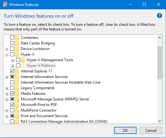 Hyper-V install from Windows Features