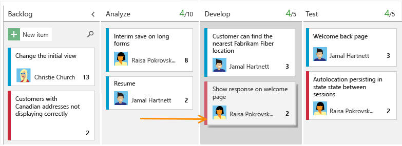 A sample Kanban board used by Visual Studio Team Services.