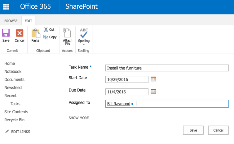 Create a new task in Sharepoint