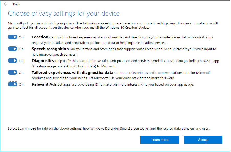 Windows 10 Creators Update privacy settings