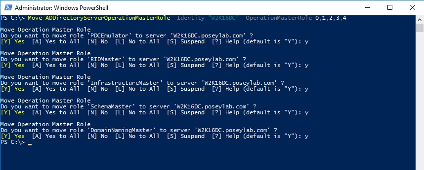 Transfer all of the FSMO roles to a Windows Server 2016 domain controller
