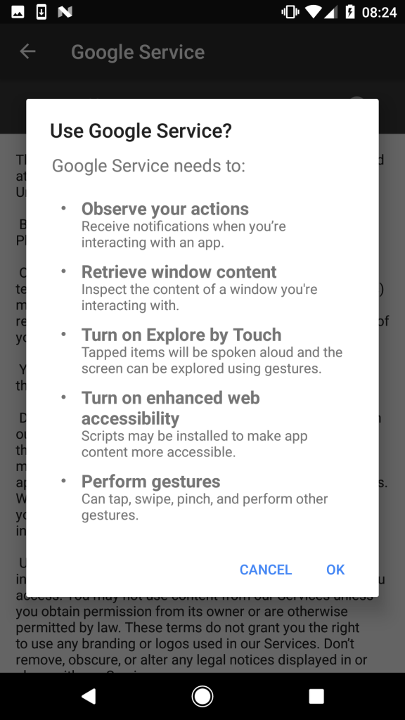 Permissions request screen of the fake "Google Service"