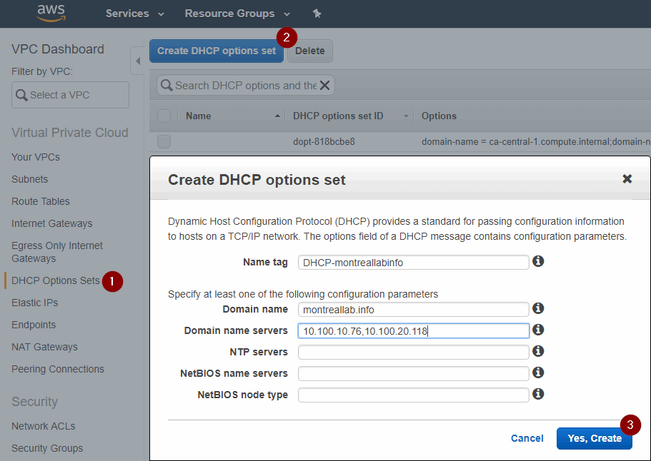 Create DHCP options set