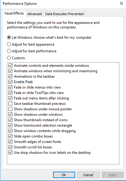 Windows Performance Options, Visual Effects