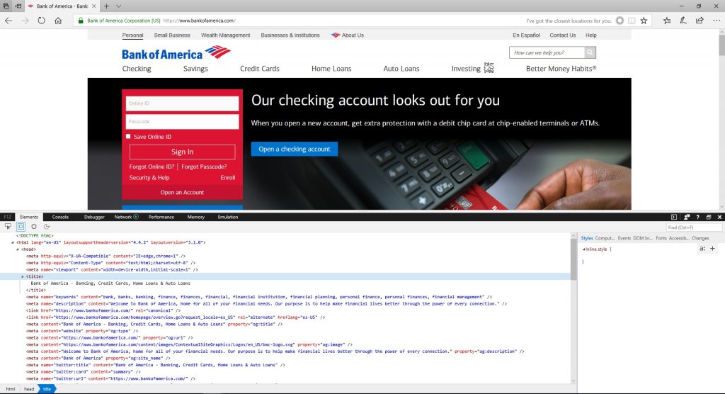 Bank of America webpage HTML