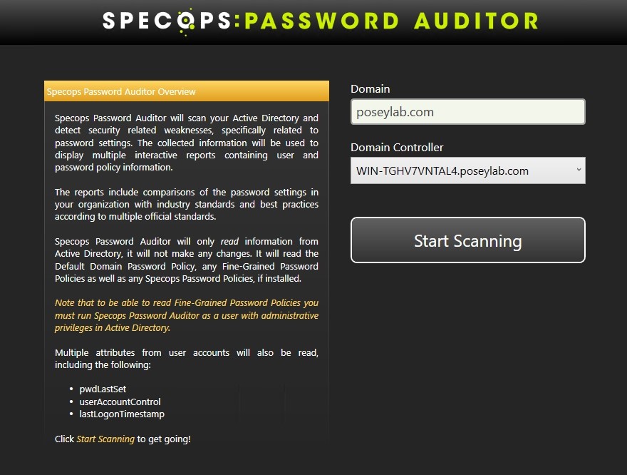 This is the Specops Password Auditor’s initial screen.
