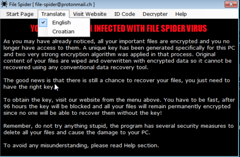 Spider ransomware message