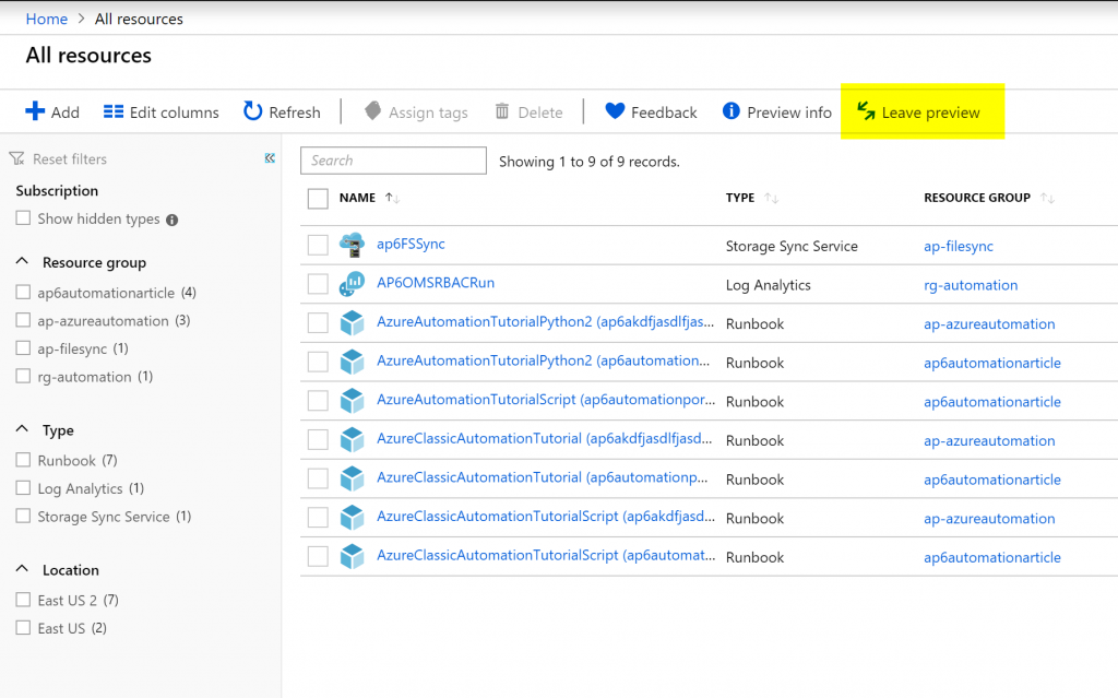 Azure preview features