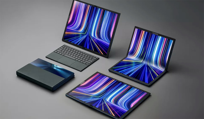 Image showing various ways of using the new Asus Zenbook 17 Fold. It shows that it can be connected with an external keyboard via Bluetooth; Can be folded from the centre to use it as a standalone computer, a flat usage like a tablet, and a folded version.