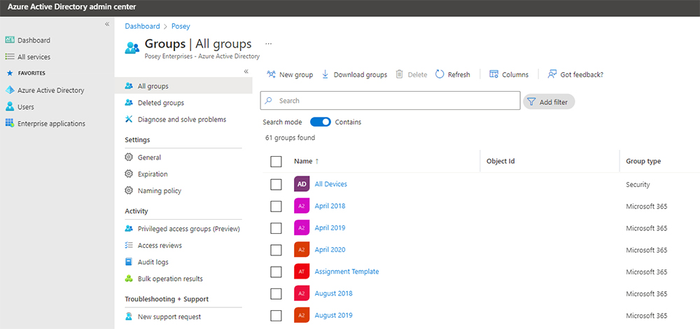Screenshot of the Azure Active Directory Groups tab. It shows all the different groups on the dashboard.