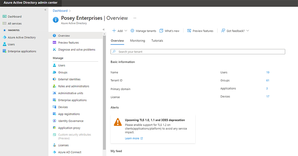 Screenshot of the Azure Active Directory window showing the main dashboard. You can select the groups option from the list of administrative actions for the enterprize.
