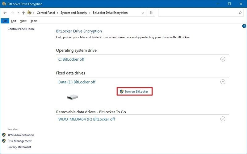 BitLocker Drive Encryption Window showing available drives and BitLocker options. Here the image shows a secondary drive with a Turn on BitLocker option available.