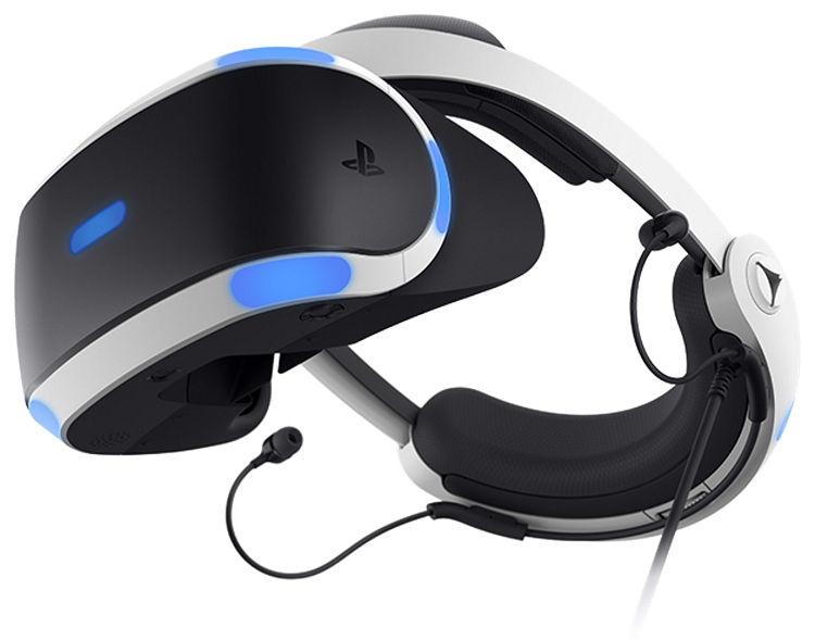 Sony's latest PlayStation VR2 headset with built-in earplugs, support strap, and cord running out from the headband to connect to PS. The picture also showcases the LED segments on the front/vision panel.