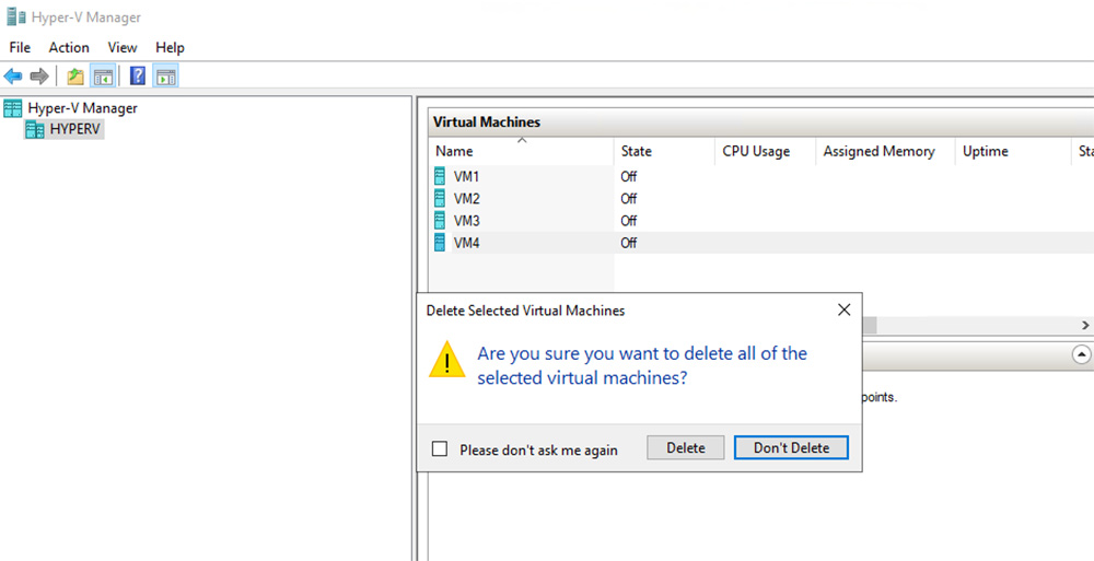 Screenshot of Hyper-V Manager listing for virtual machines. A prompt is asking if we are sure that we want to delete VM4.