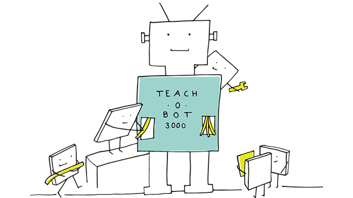 Illustration of a robot with smaller robots learning from it. Name on larger robot is Teach-o-bot 3000