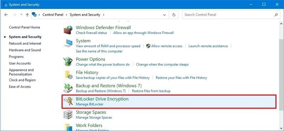  Image of the System and Security window with the BitLocker Drive Encryption option highlighted in the list of options.