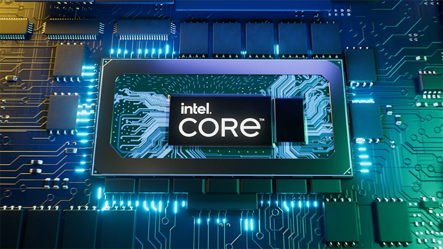 Image showing Intel's Core brand logo on the top of a computer generated image of a process. The processor is on a PCB with lights in some of the conductive channels representing connectivity between the PCB board and the processor.