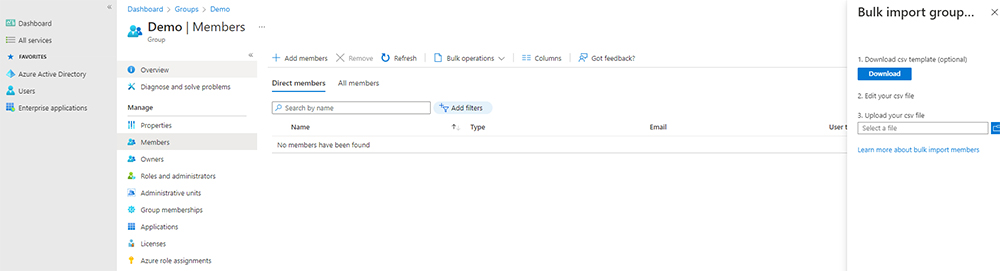Screenshot of Azure Active Directory Members tab. On the right, a bulk import group window is open.