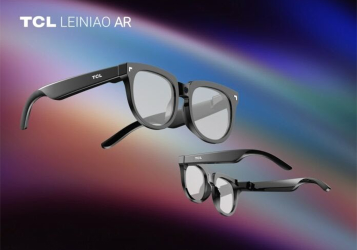 Picture of the new TCL Leiniao AR smart glasses showing off its different phases. The glasses look like traditional wayfarers with clear lens and matt-finished black lens.