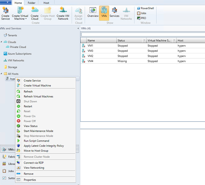 Screenshot of Virtual Machine Manager. A right-click menu shows an option to refresh virtual machines.