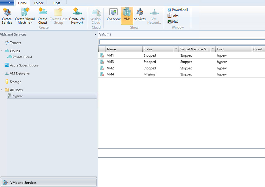 Screenshot of Virtual Machine Manager's display. VM4's status is Missing. The other VMs are stopped.