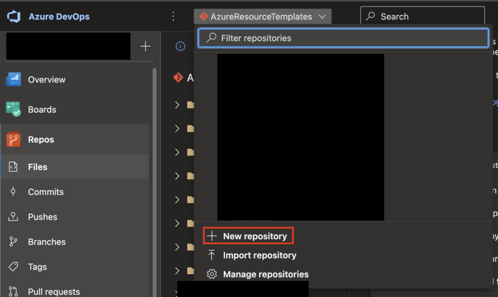Screenshot of Azure DevOps showing the repos menu. Highlighted in a red outline is where to click to create a new repo.