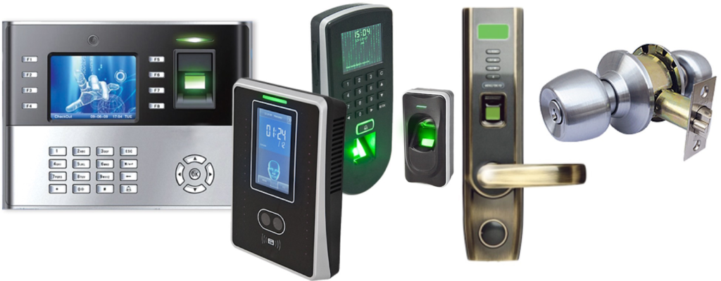 Image of multiple types of manual, electronic and biometric door locks.