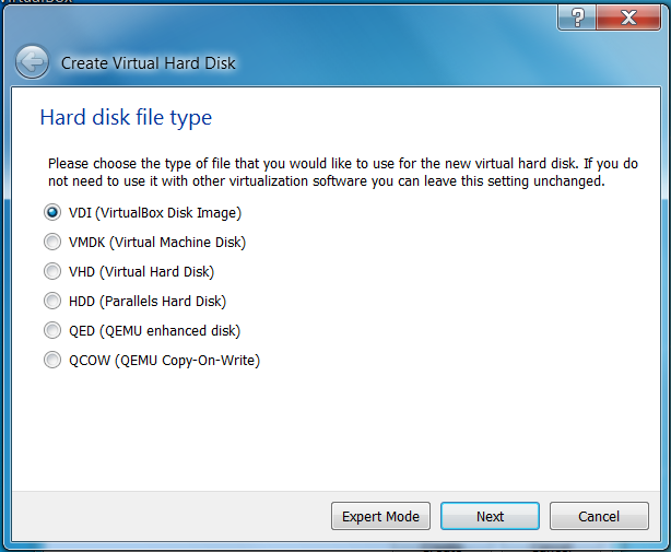 An image showing the different hard disk types you can create for a Linux virtual machine.