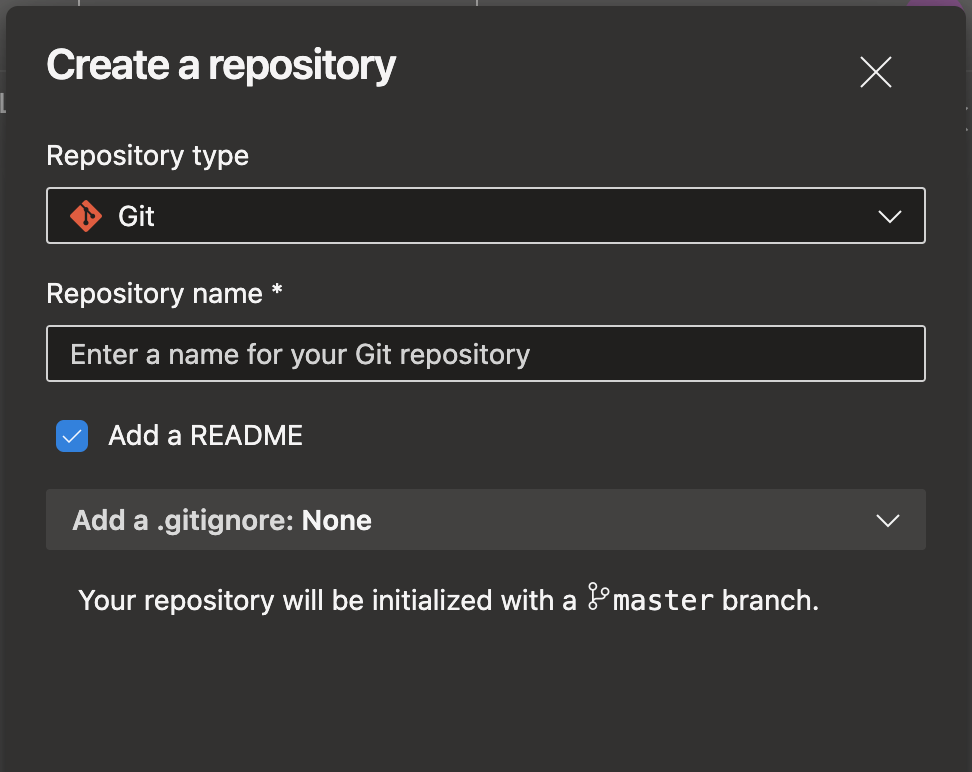 Screenshot of "create a repository" dialog box. Here you will be able to choose your version control system and name your repo.