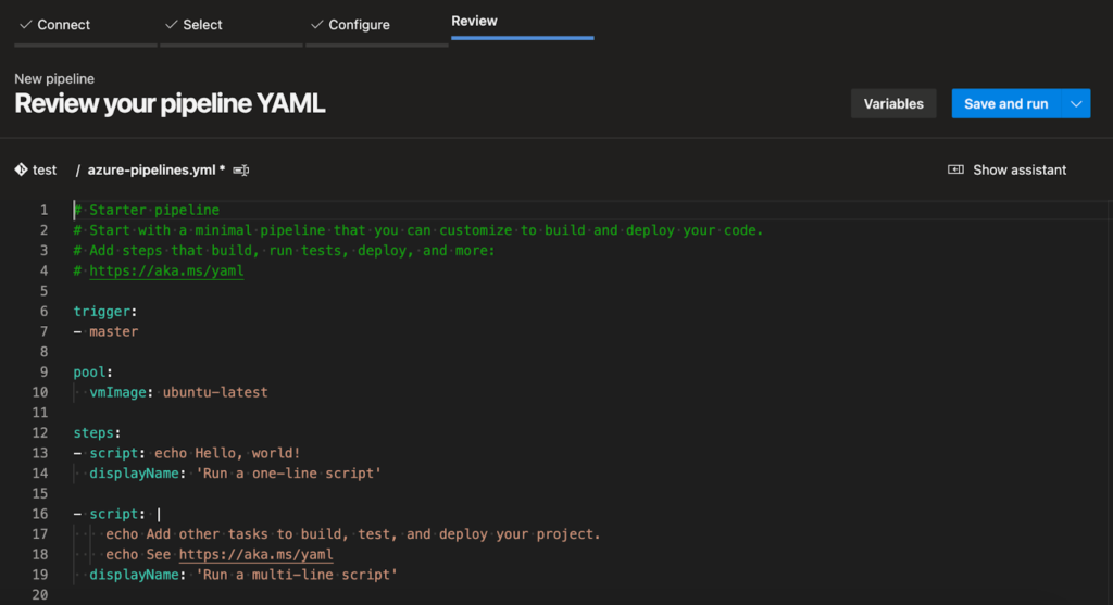 Screen shot showing the yaml starter pipeline code.