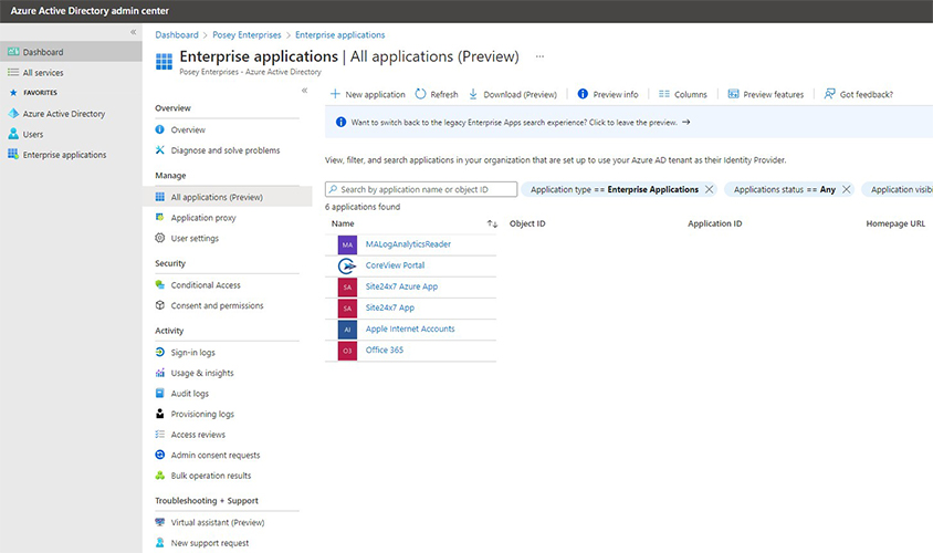 Screenshot of the Enterprise Applications tab. It shows a preview of all applications.