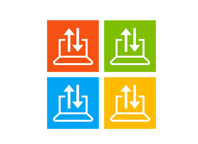 Illustration of the windows logo with laptops in each quadrant with upload and download arrows on each.