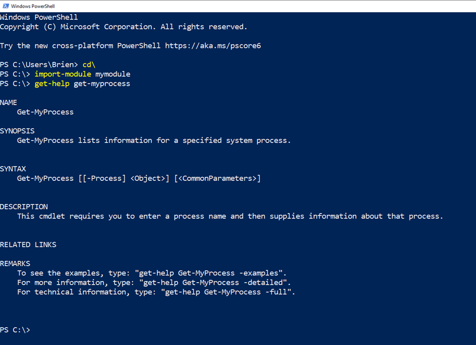 Screenshot of a PowerShell terminal after running get-help on get-myprocess. This returns comments from the .psm file.