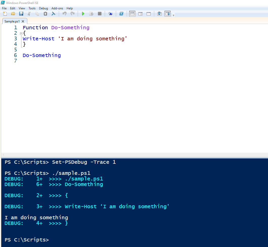 Screenshot of a PowerShell window displaying in splitscreen an example script at the top, and the terminal with output at the bottom of a level 1 trace.