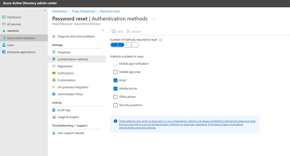 Screenshot of password reset in Azure Active Directory Admin Center. You can select the authentication methods you wish to use.
