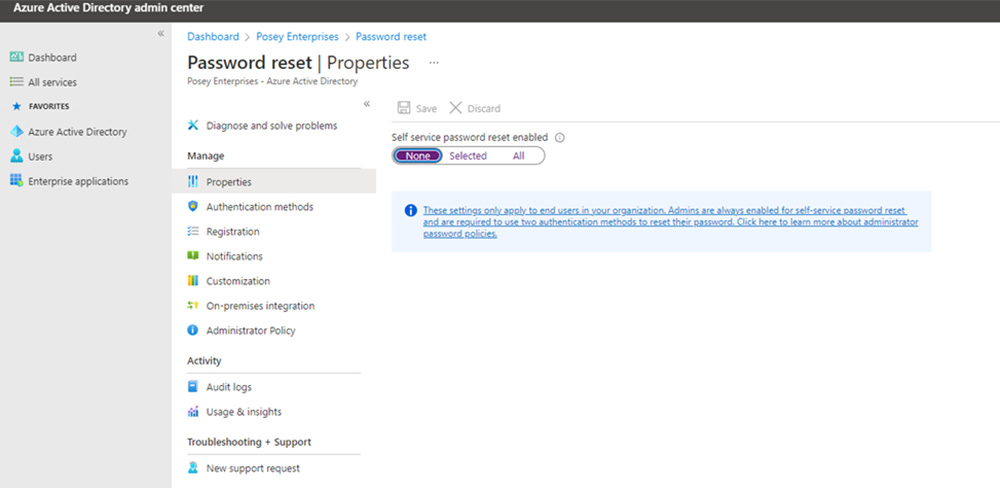 Screenshot of password reset options in Azure Active Director Admin Center.