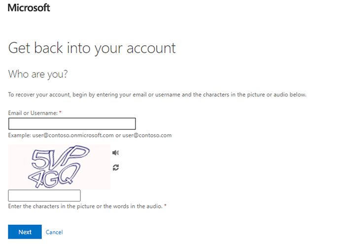 Screenshot of the captcha screen where a user can request account recovery. On this particular example a user is asked for a username or email along with a 'im not a robot' task. Once complete the user is allowed to continue the process by pressing the next button.