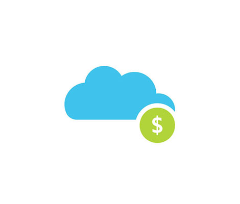 Illustration of a blue cloud on a white background with a lime green coin dropping from it.  Coin has a white dollar sign on it.