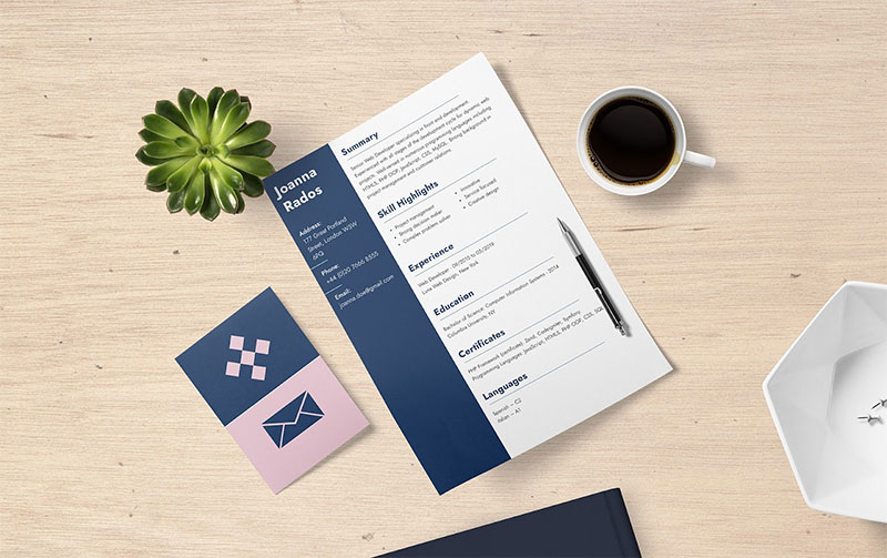Illustration of a CV for Joanna Rados on a table with a cup of coffee, a succulent plant, and business cards.