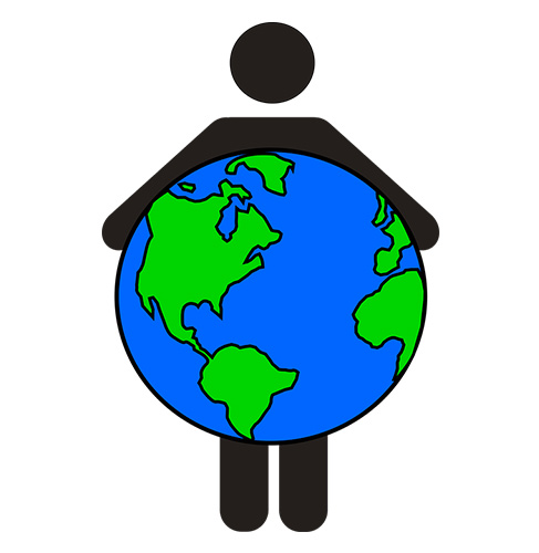 A graphic representation of a person holding a globe.
