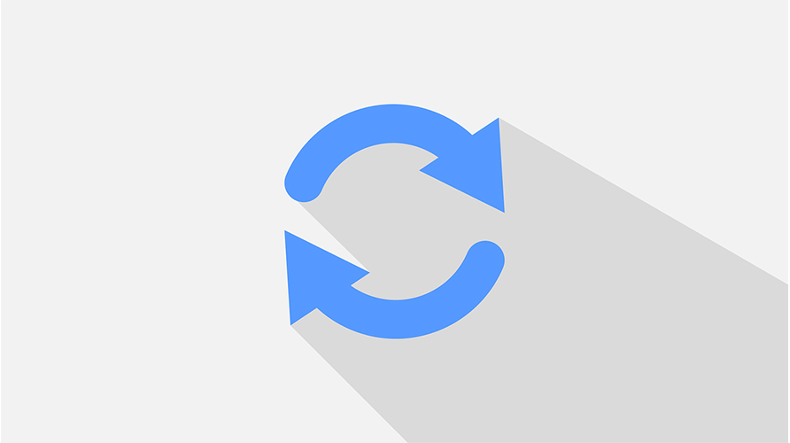 Image of a syncing icon with two blue arrows in a circle on a gray background.