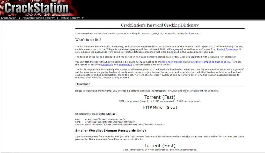 Screenshot of a website called CrackStation where you can download a cracking dictionary.