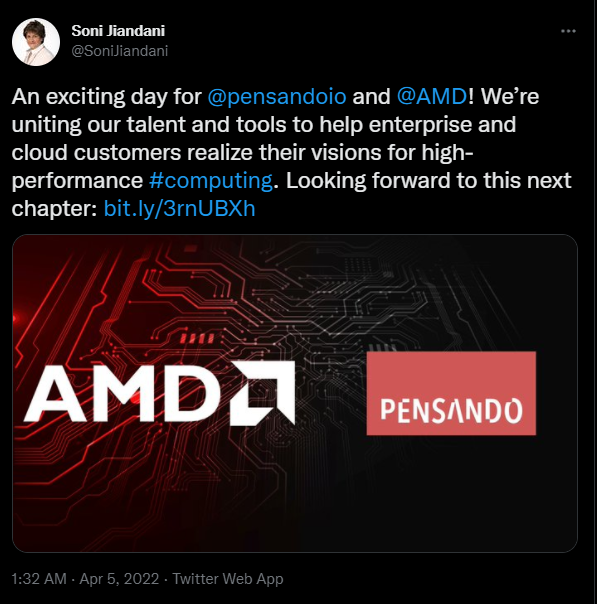 Screenshot of a Somi Jiandani tweet announcing the Pensando purchase by AMD.